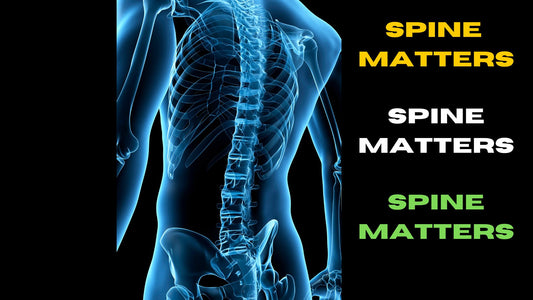 A radiologic image of a person standing and spine matters written in background